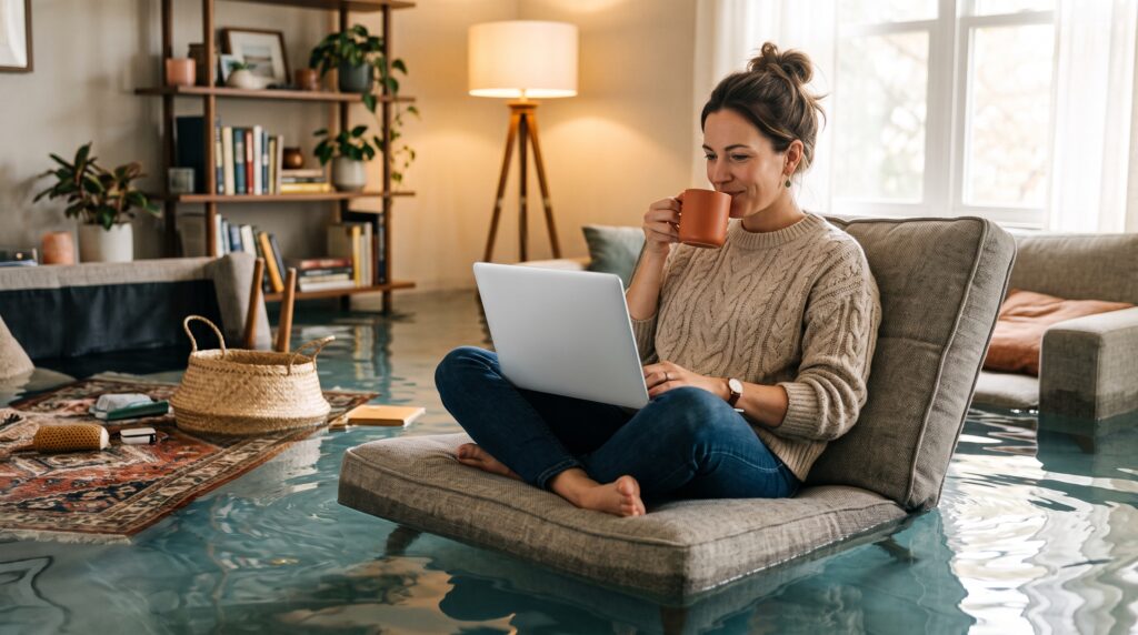 Woman comparing private flood insurance and NFIP quotes on laptop in flooded living room