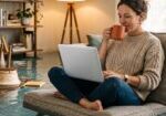 Woman comparing private flood insurance and NFIP quotes on laptop in flooded living room